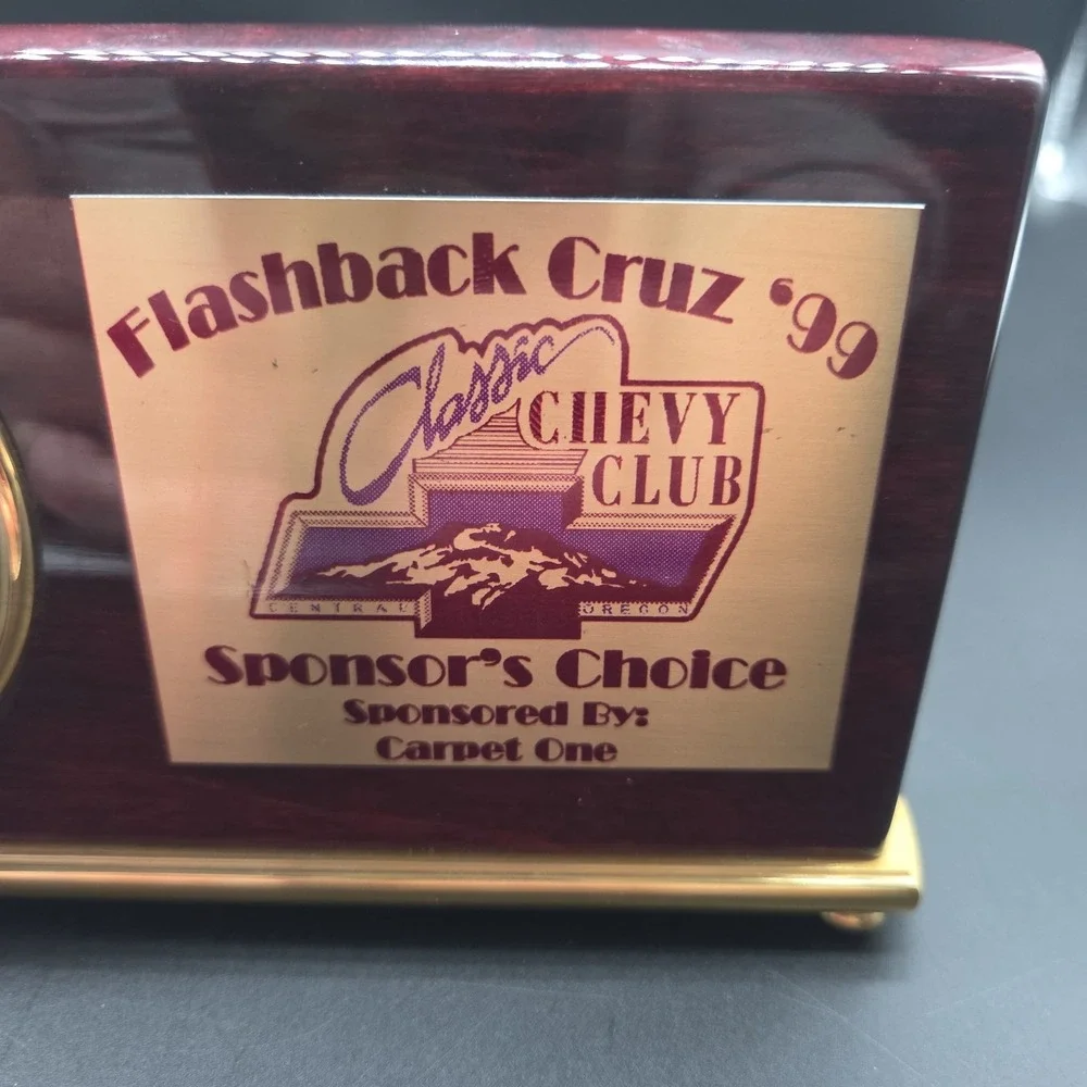 Vintage 1999 Flashback Cruz Car Show Award, Rosewood Piano Finish Desk Clock